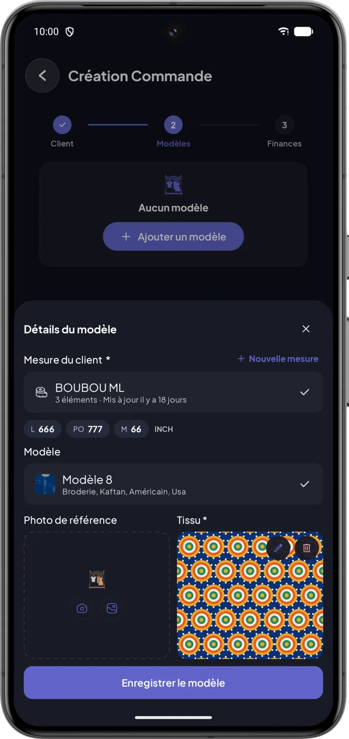 Création de commande : couture avec la mesure du client, le modèle et la photo du tissu
