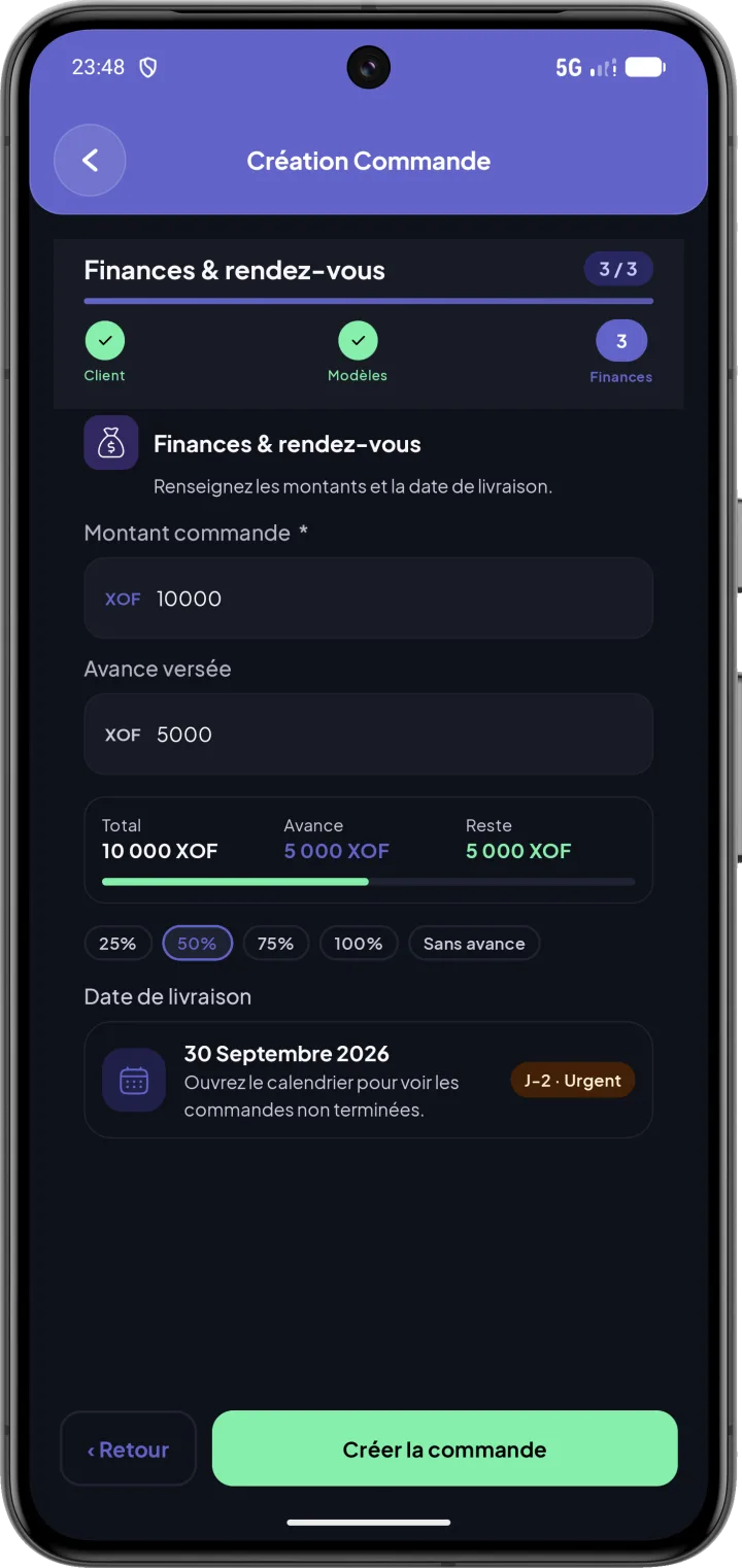 Création de commande, étape finances et rendez-vous