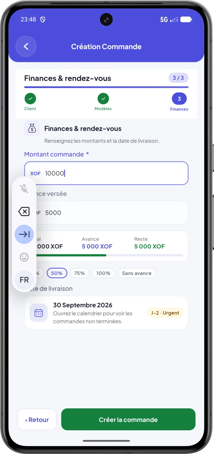Création de commande, étape finances et rendez-vous