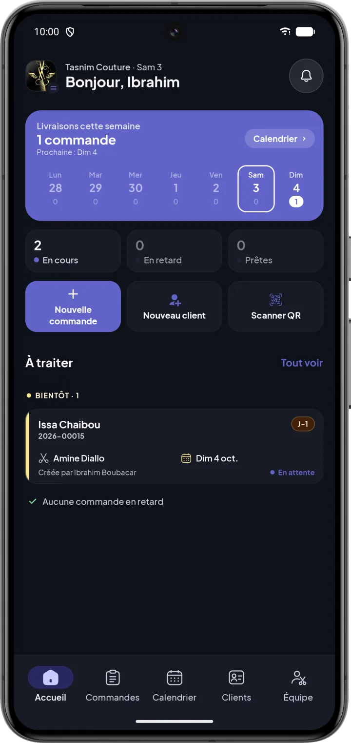 Tableau de bord CouturApp avec les commandes urgentes et les livraisons du jour