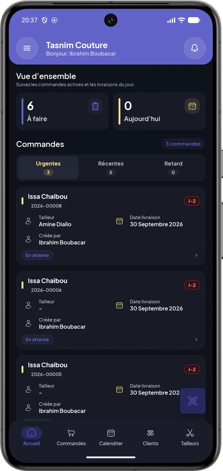 Tableau de bord CouturApp avec les commandes urgentes et les livraisons du jour
