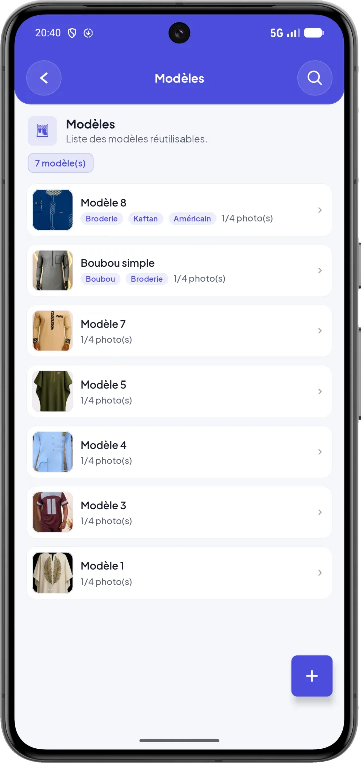 Catalogue de modèles CouturApp avec photos