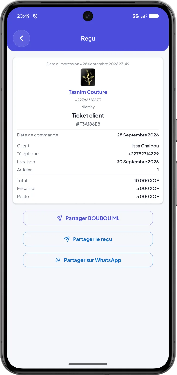 Reçu client avec les options de partage