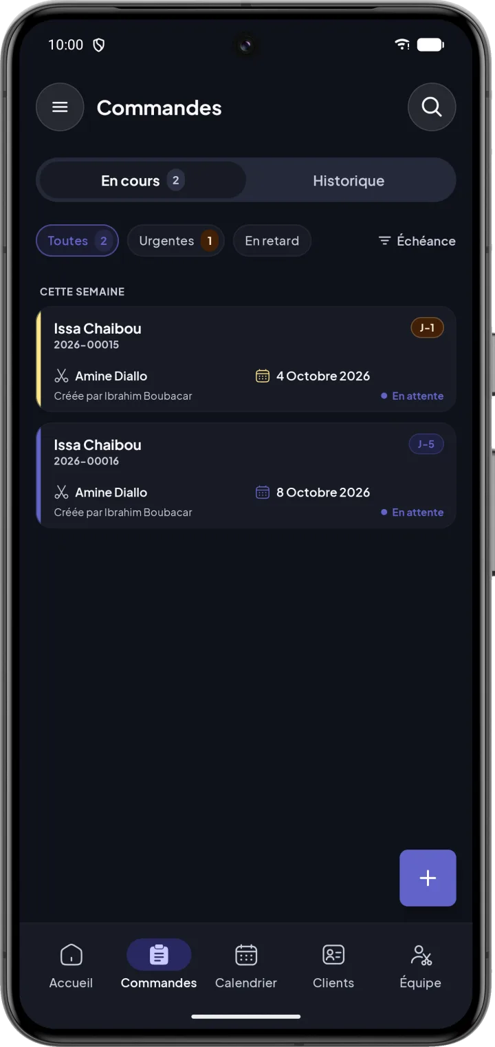 Liste des commandes de couture avec leur statut et leur date de livraison