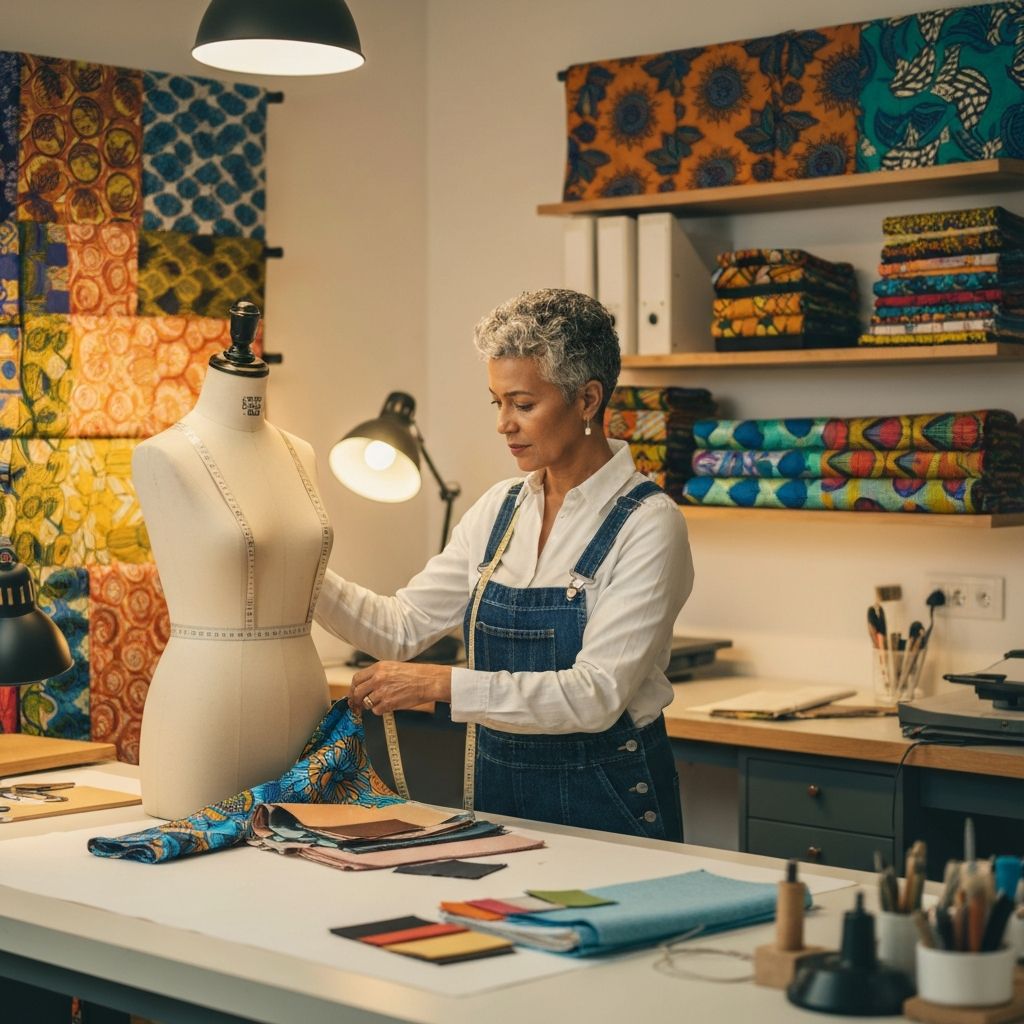 Tailor managing orders and fabrics in a well-organized workshop